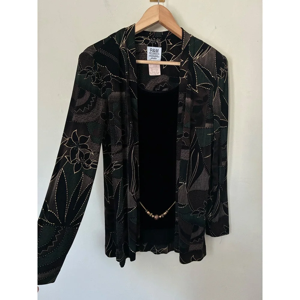 R&M Richards Vintage Grunge Floral Cardigan Set Black Green Petite 6P